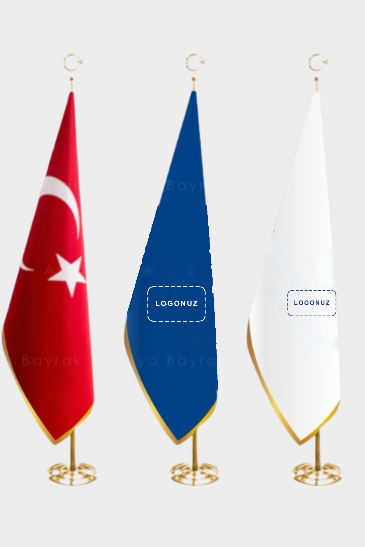 Logo Baskılı Altın Saçaklı ve Direkli Makam Bayrağı Seti farklı açıdan görünüm