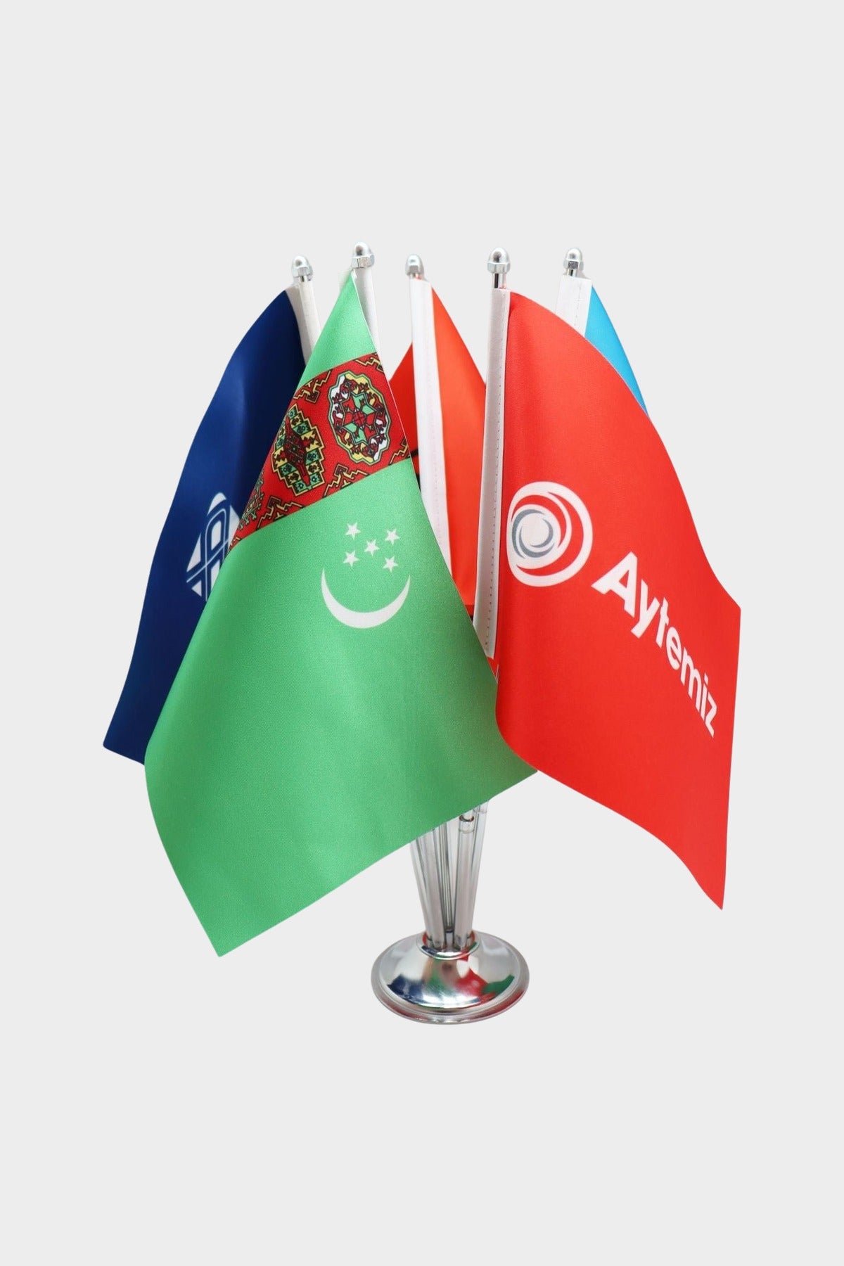 Logo Baskılı Beşli Masa Bayrağı gümüş direkli