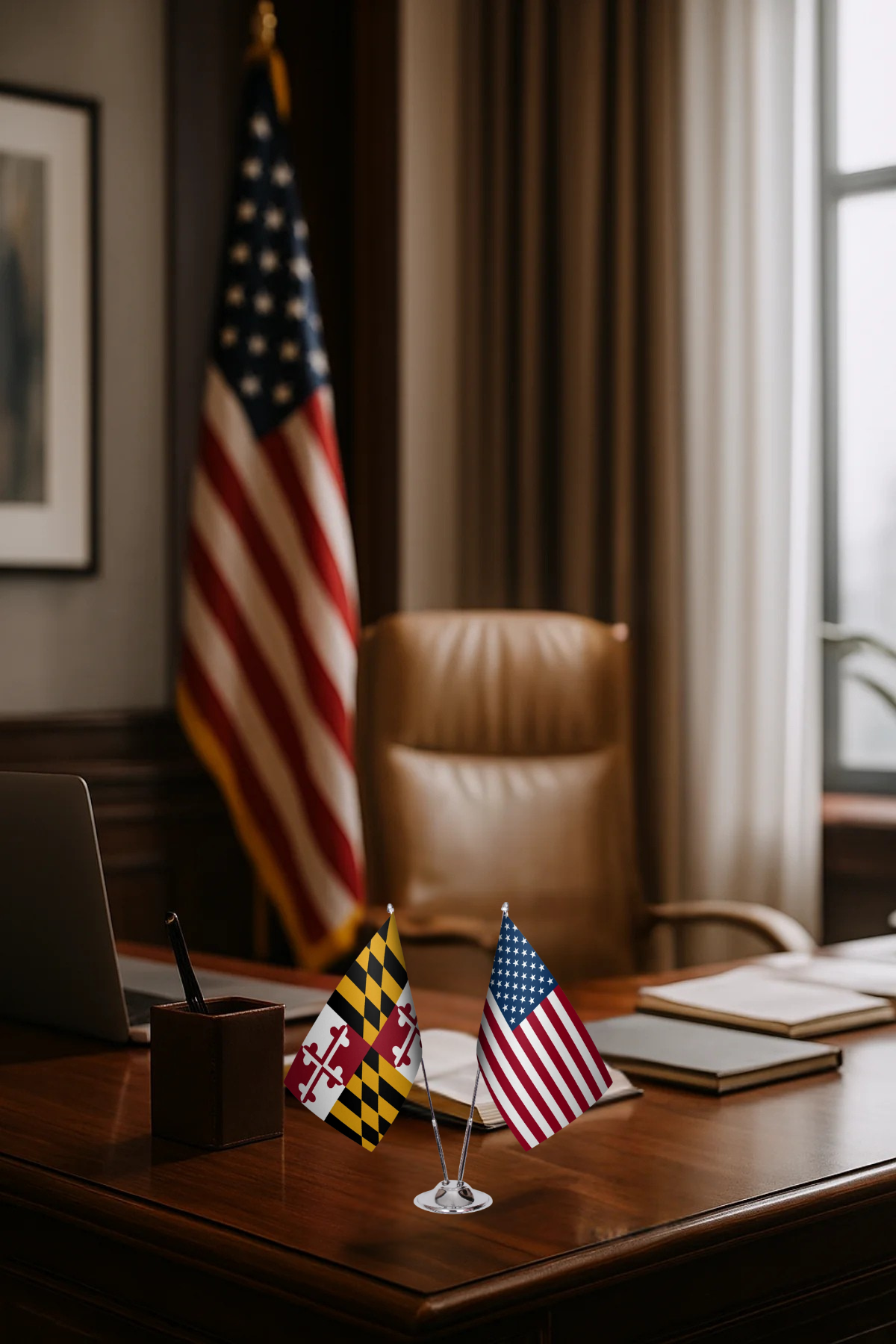 Maryland ve ABD İkili Masa Bayrağı Seti detay görünümü