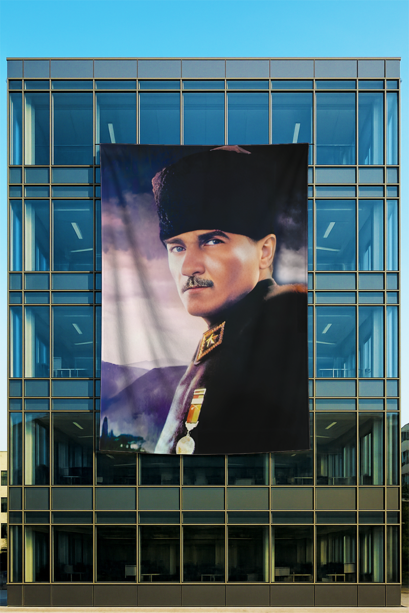 Raşel Kumaş Kalpaklı Atatürk Posteri Madalyalı Mor Fonlu