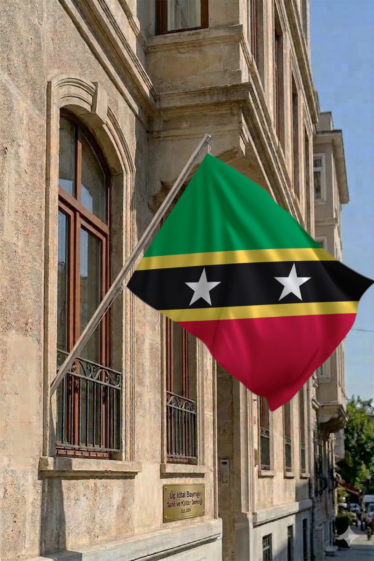 Saint Kitts ve Nevis Teleskopik Duvar Bayrağı Seti yakın çekim