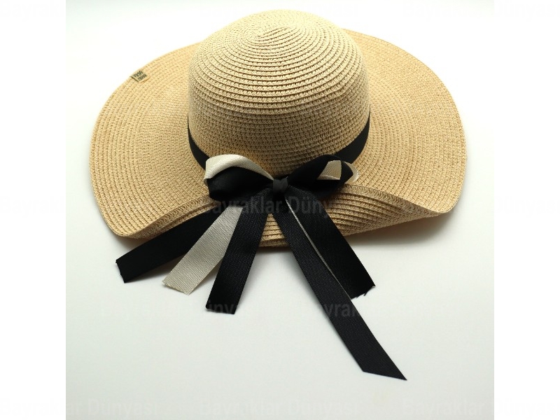 Siyah Krem Fiyonklu Hasır Şapka