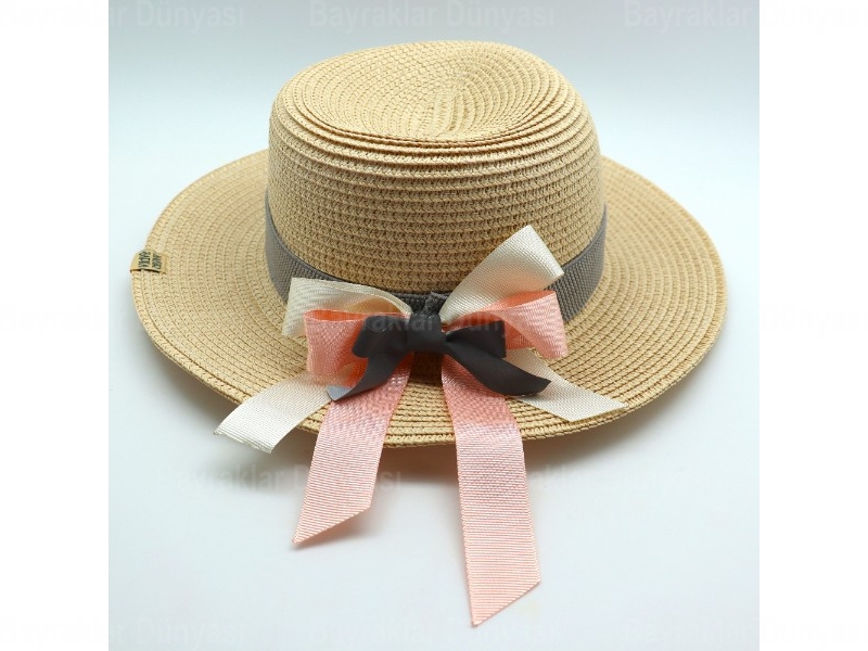 Pembe-gri Kurdeleli Hasır Şapka