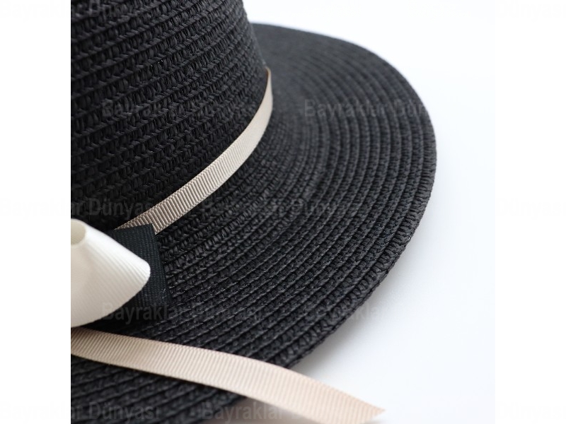 Krem Kurdeleli Siyah Hasır Şapka