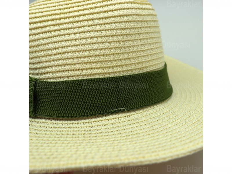 Yeşil Kemerli Krem Hasır Şapka