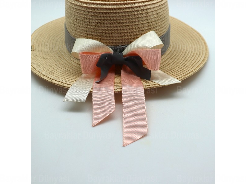 Pembe-gri Kurdeleli Hasır Şapka