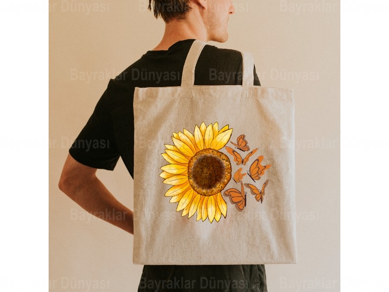 Ayçiçeği Ve Kelebek Baskılı Bez Çanta