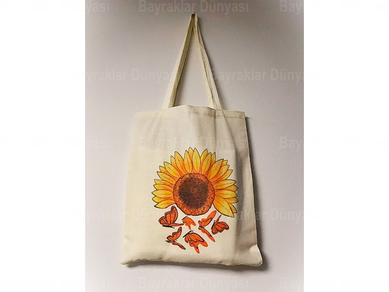 Ayçiçeği Ve Kelebek Baskılı Bez Çanta