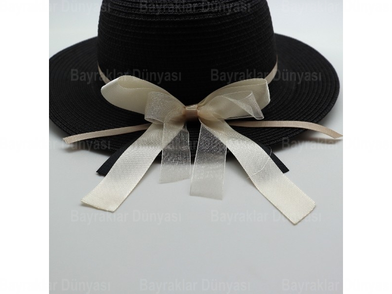 Krem Kurdeleli Siyah Hasır Şapka