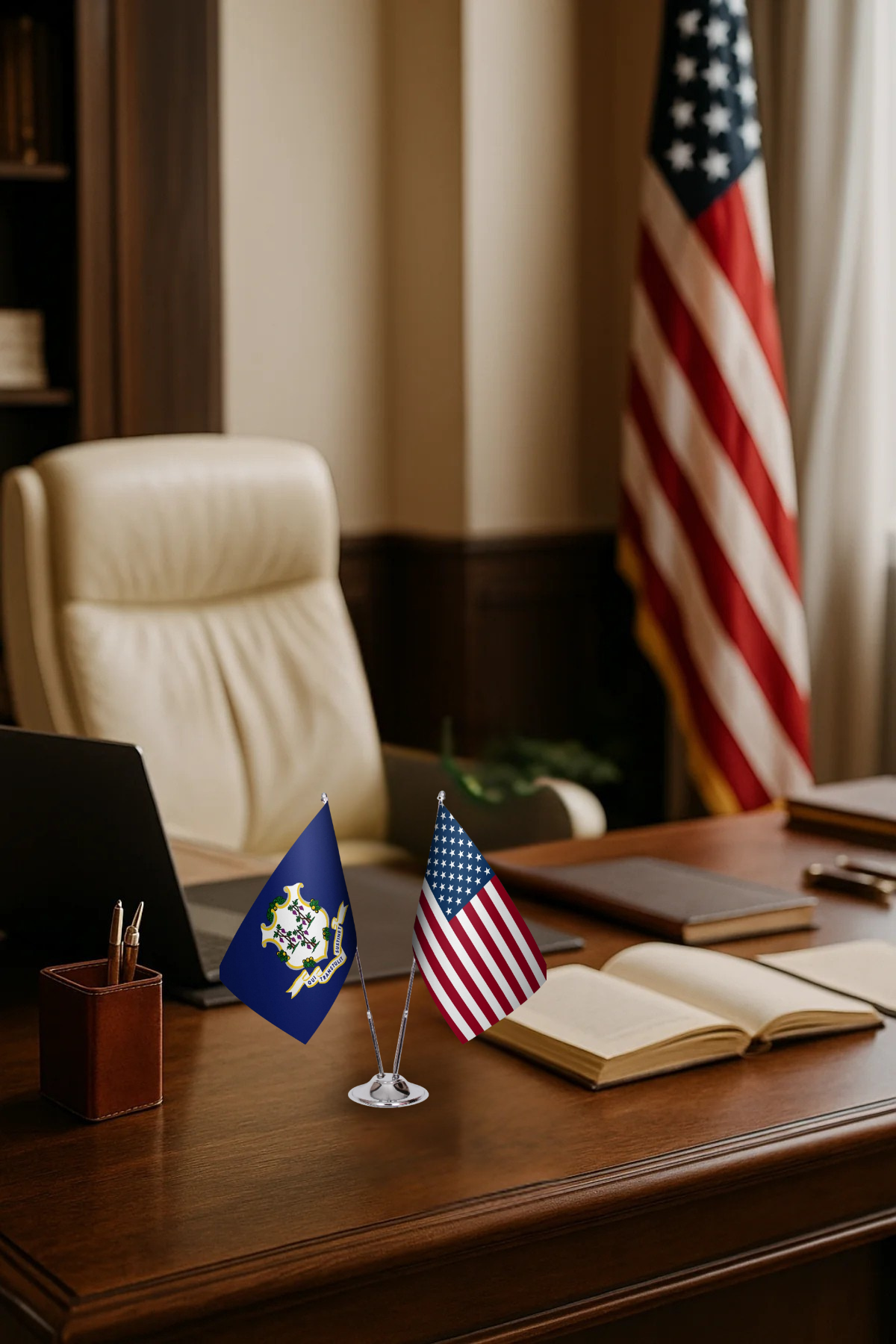 Connecticut ve ABD İkili Masa Bayrağı Seti detay görünümü