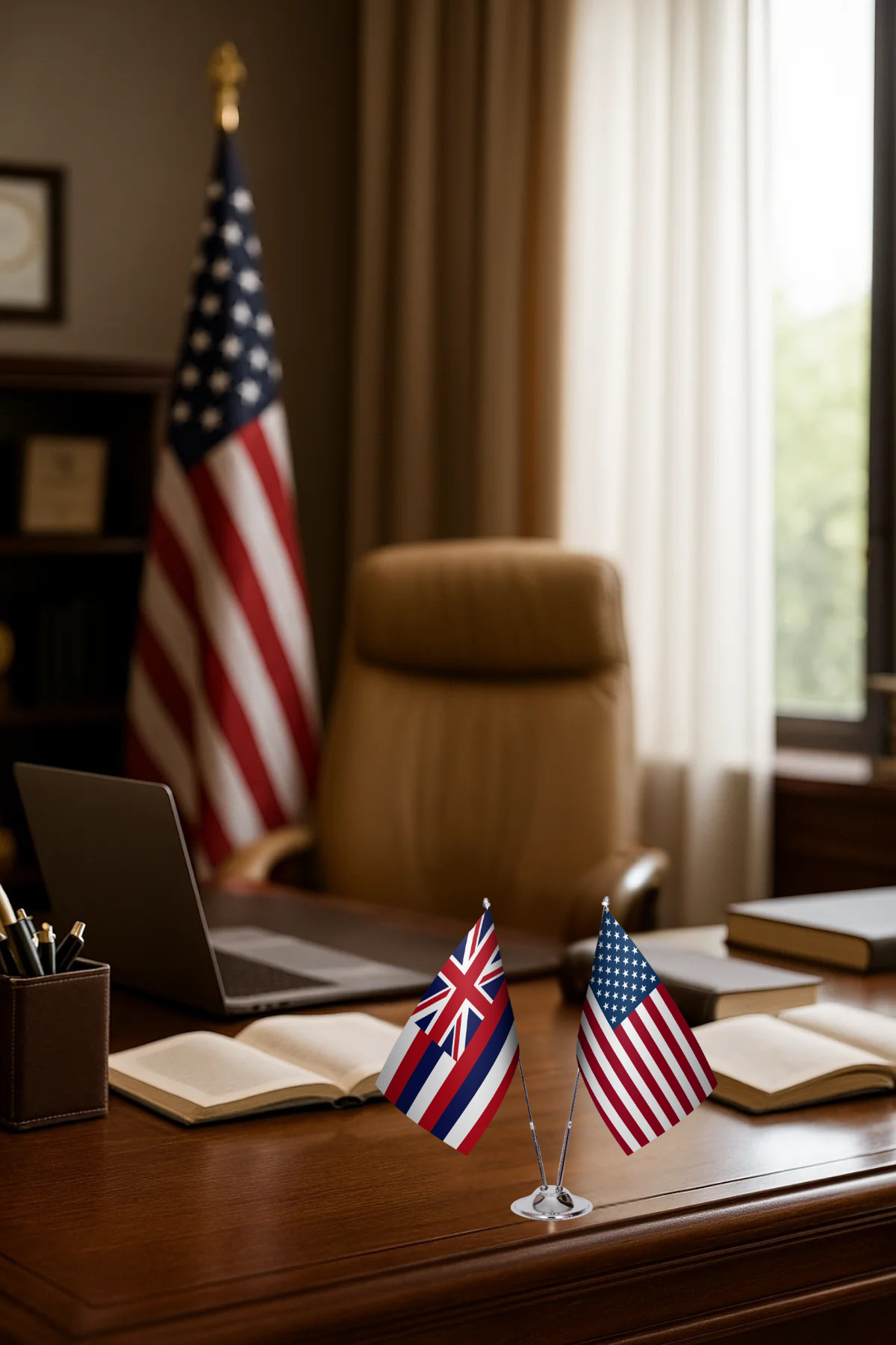 Hawaii ve ABD İkili Masa Bayrağı Seti detay görünümü