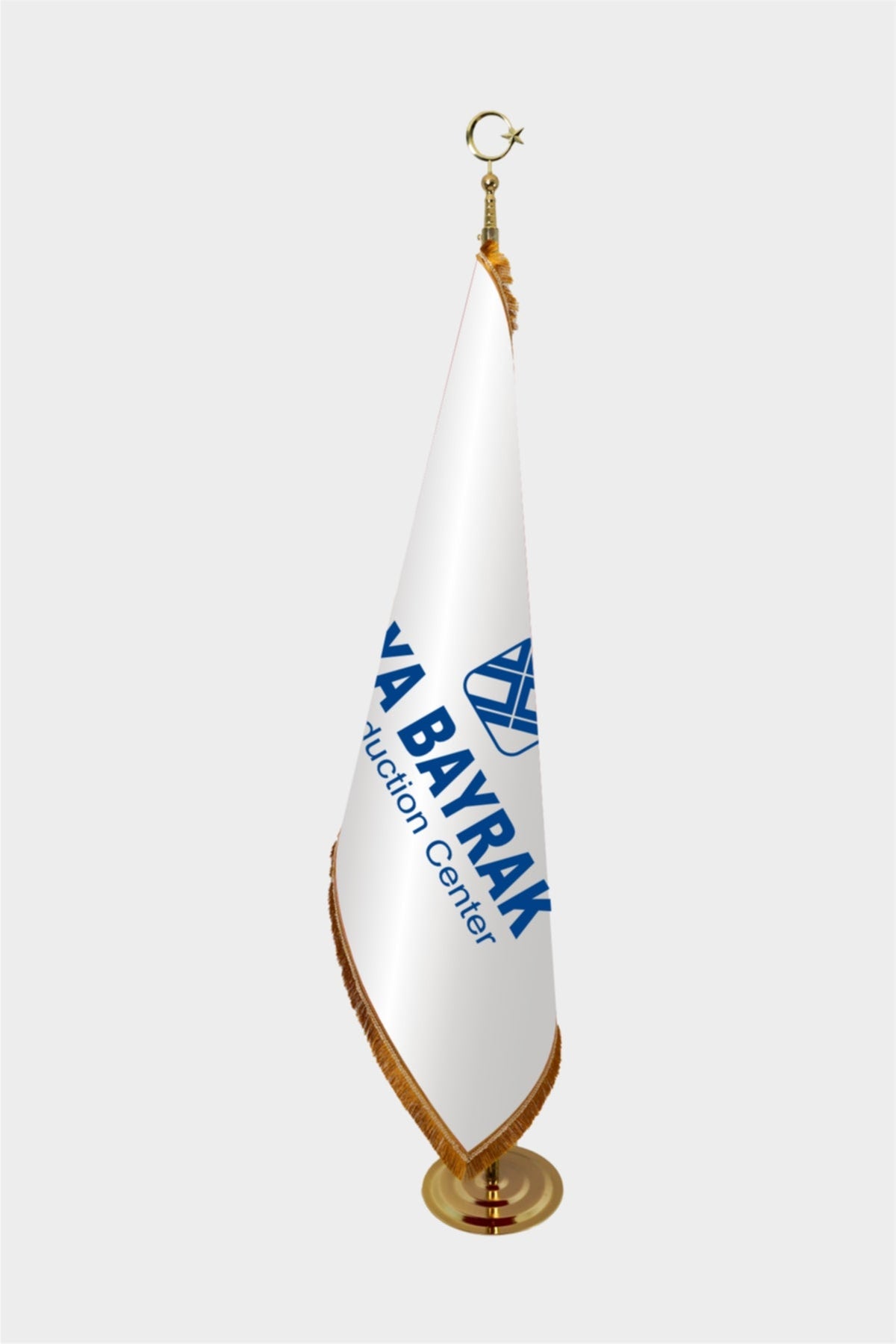 Logo Baskılı Altın Saçaklı ve Direkli Makam Bayrağı Seti