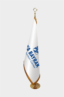 Logo Baskılı Altın Saçaklı ve Direkli Makam Bayrağı Seti