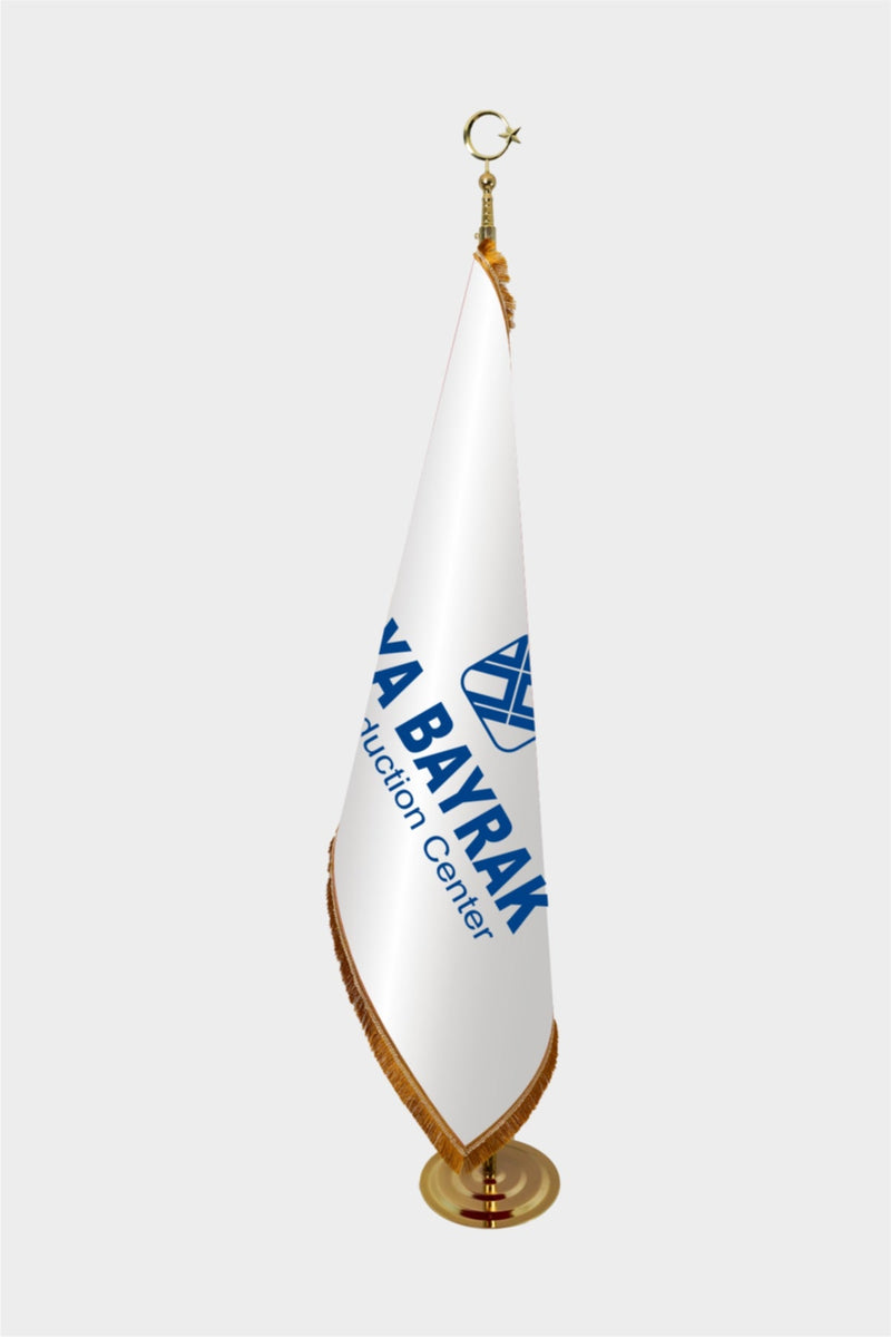 Logo Baskılı Altın Saçaklı ve Direkli Makam Bayrağı Seti