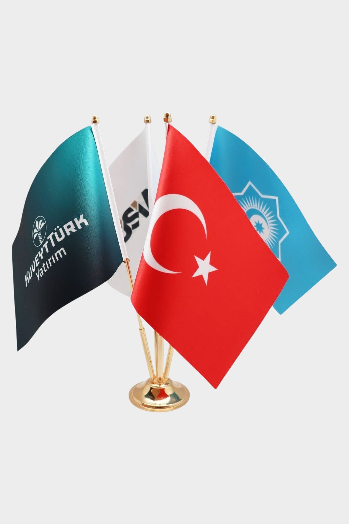 Logo Baskılı Dörtlü Masa Bayrağı altın direkli