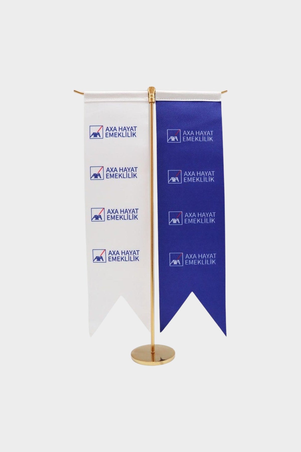 Logo Baskılı Kırlangıç T Model Masa Bayrağı — 8x32 cm altın direkli