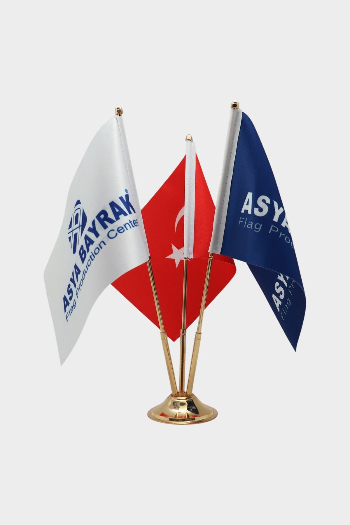 Logo Baskılı Üçlü Masa Bayrağı altın direkli