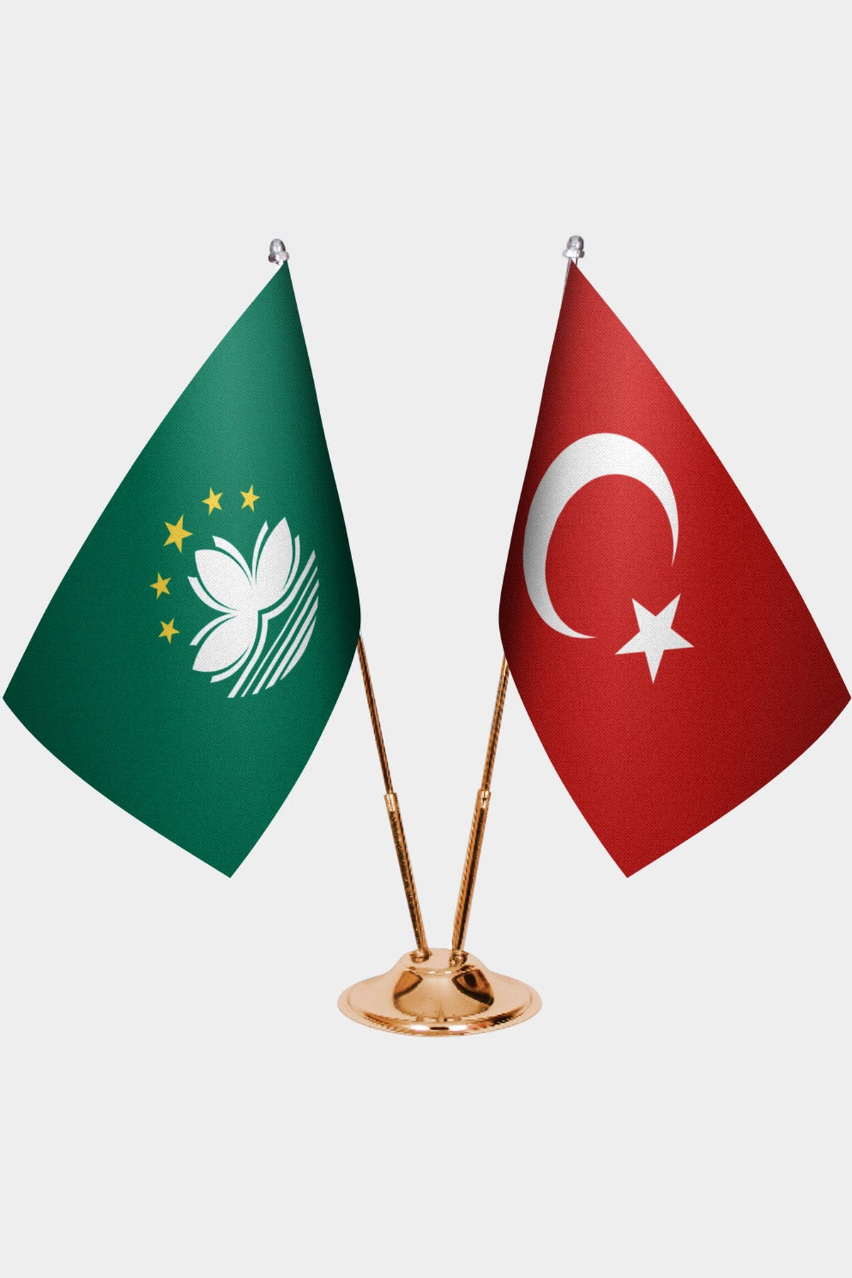 Makao ve Türkiye İkili Masa Bayrağı Seti kurulum görünümü