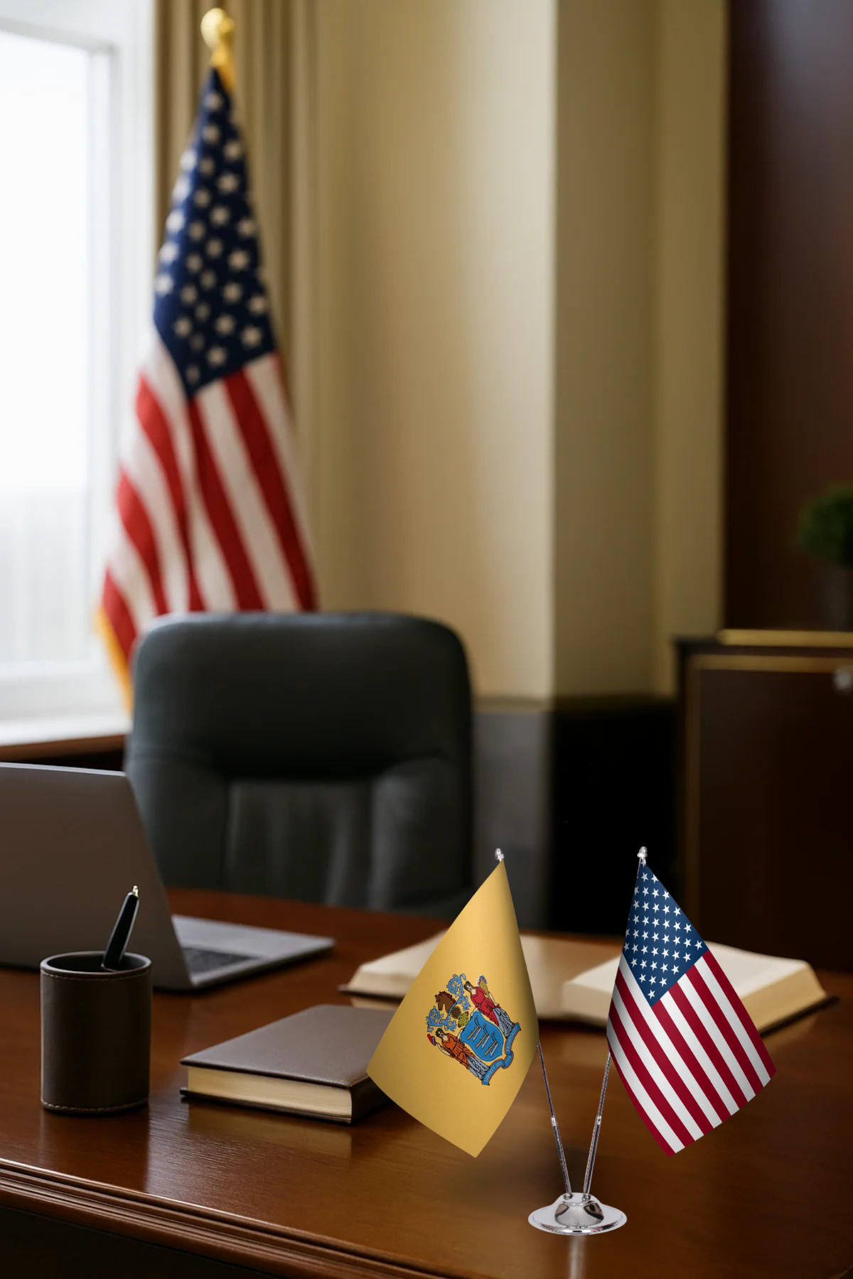 New Jersey ve ABD İkili Masa Bayrağı Seti detay görünümü