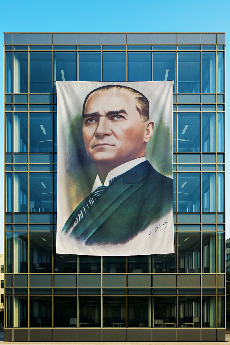 Raşel Kumaş Atatürk Portresi Posteri Yeşil Zeminli Çizim