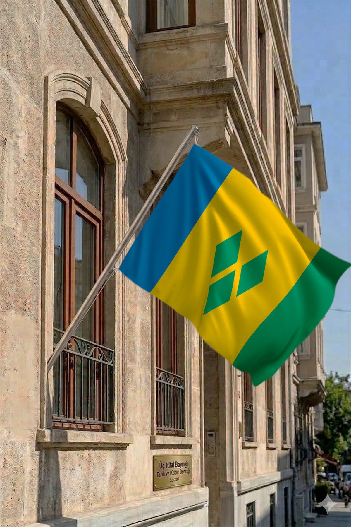 Saint Vincent ve Grenadinler Teleskopik Duvar Bayrağı Seti yakın çekim
